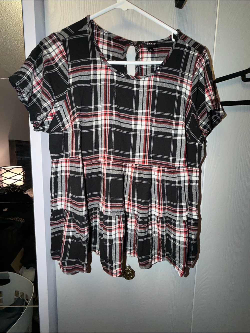 torrid Black Plaid Top with Red and White Stripes